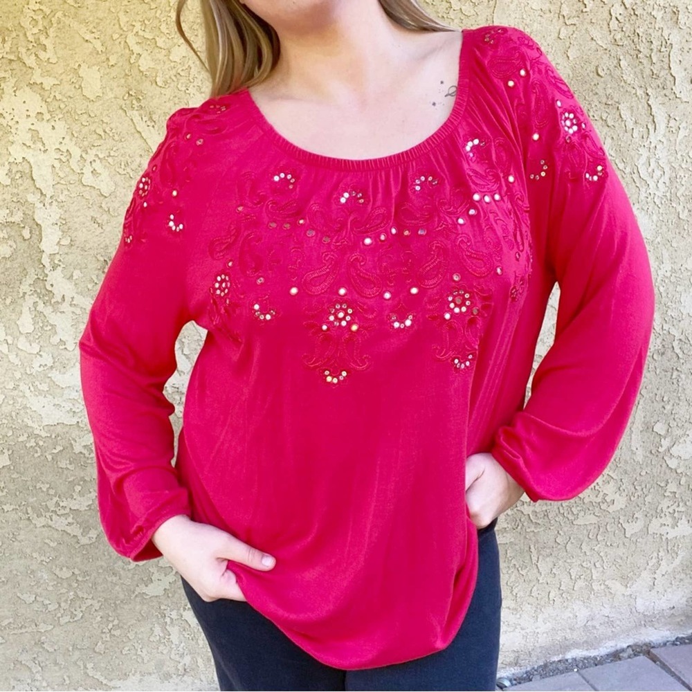 INC International Concepts red sequin embroidered off shoulder blouse top Sz XL